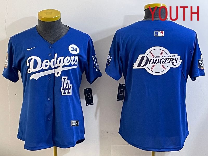 Youth  Los Angeles Dodgers blank 2024 World series patch blue jersey 20241124506